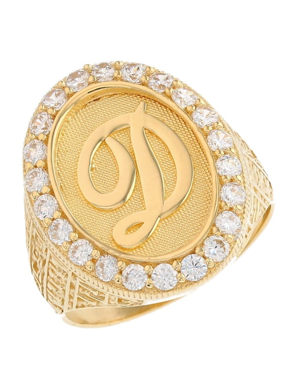 10k Yellow Gold Mens Oval Halo White CZ Initial Letter D Ring