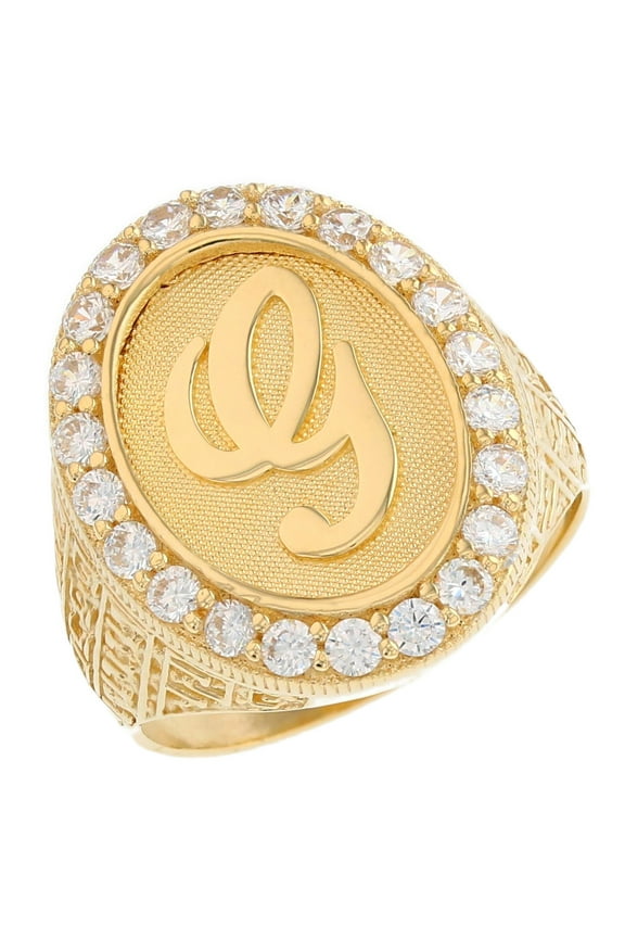 10k Yellow Gold Mens Oval Halo White CZ Initial Letter G Ring