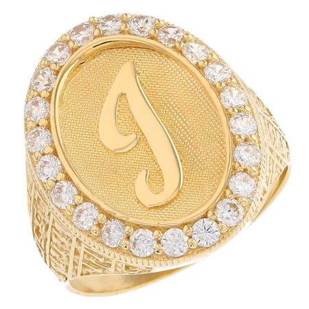 JackAni 10k Yellow Gold Mens Oval Halo White CZ Initial Letter I Ring