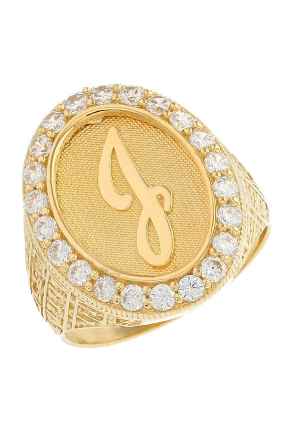10k Yellow Gold Mens Oval Halo White CZ Initial Letter J Ring