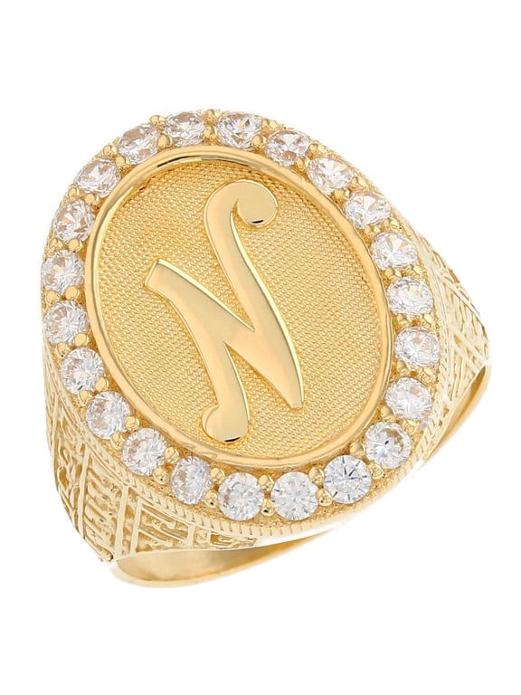 10k Yellow Gold Mens Oval Halo White CZ Initial Letter N Ring