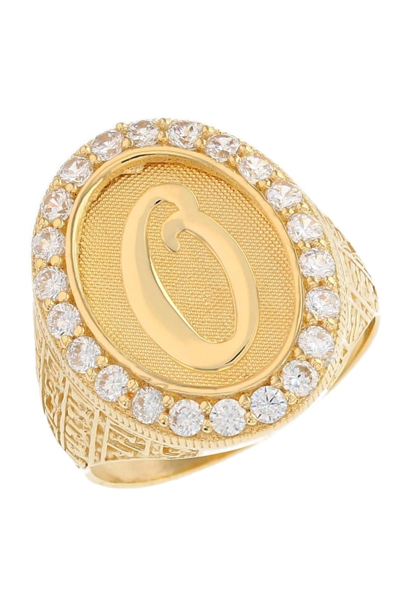 10k Yellow Gold Mens Oval Halo White CZ Initial Letter O Ring