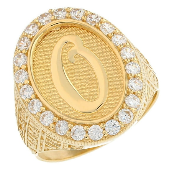 JackAni 10k Yellow Gold Mens Oval Halo White CZ Initial Letter O Ring