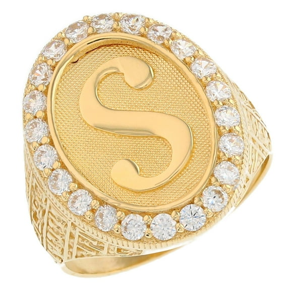 JackAni 10k Yellow Gold Mens Oval Halo White CZ Initial Letter S Ring