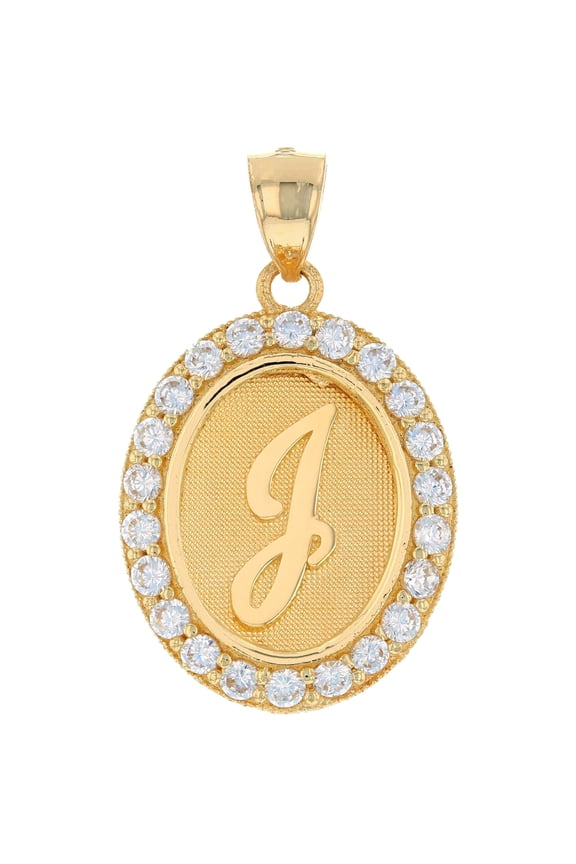 10k Yellow Gold Unisex Oval Halo White CZ Initial Letter J Pendant