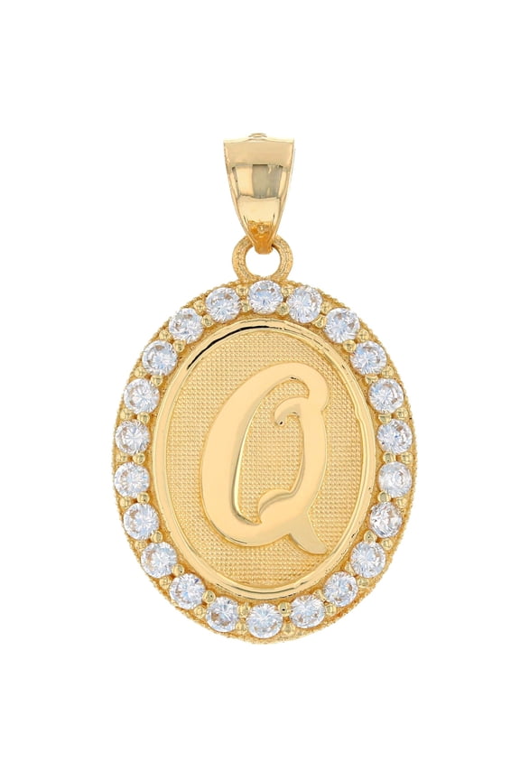 10k Yellow Gold Unisex Oval Halo White CZ Initial Letter Q Pendant