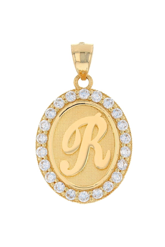 10k Yellow Gold Unisex Oval Halo White CZ Initial Letter R Pendant