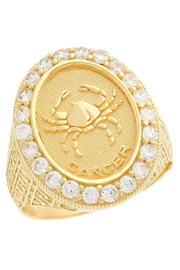 10k Yellow Gold Zodiac Cancer Oval Halo White CZ Men's Heavy Ring