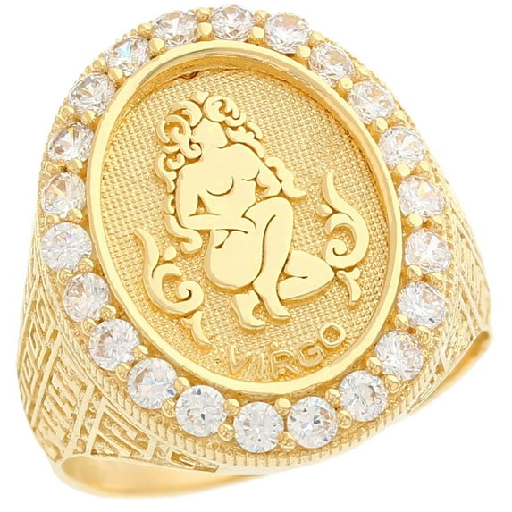 JackAni 10k Yellow Gold Zodiac Virgo Oval Halo White CZ Men's Heavy Ring