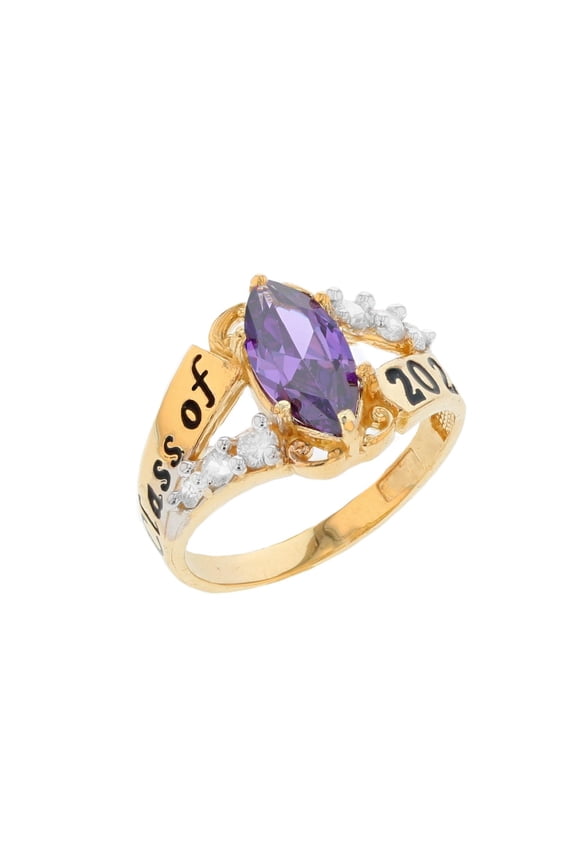 14k Gold Simuated Amethyst February Birthstone 2026 Class Graduation Ring - Size 10.00