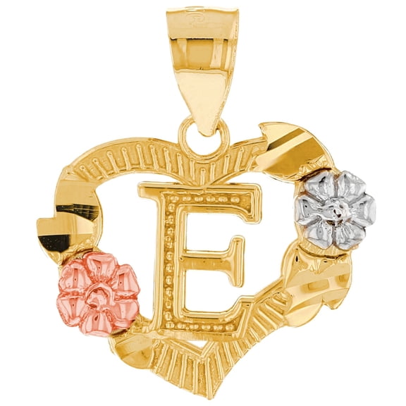 JackAni 14k Multi-Tone Gold Diamond Cut Floral Letter Initial E Heart Pendant