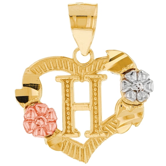 JackAni 14k Multi-Tone Gold Diamond Cut Floral Letter Initial H Heart Pendant