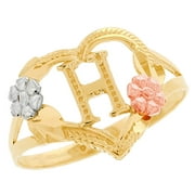 JackAni 14k Multi-Tone Gold Diamond Cut Floral Letter Initial H Heart Ring