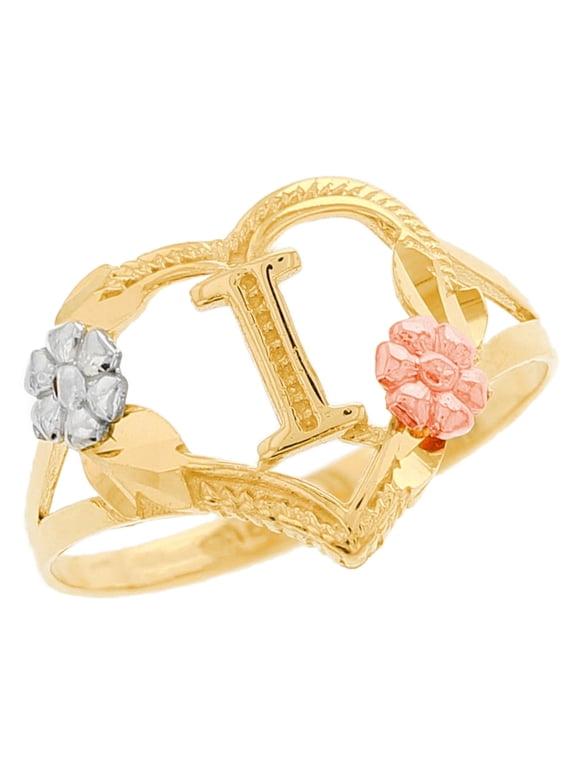 14k Multi-Tone Gold Diamond Cut Floral Letter Initial I Heart Ring