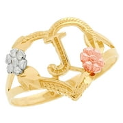 JackAni 14k Multi-Tone Gold Diamond Cut Floral Letter Initial J Heart Ring