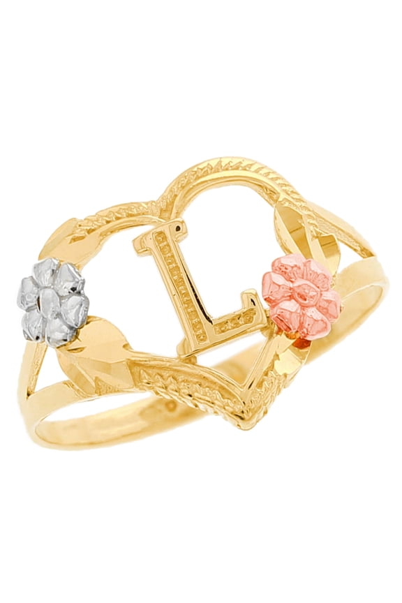 14k Multi-Tone Gold Diamond Cut Floral Letter Initial L Heart Ring