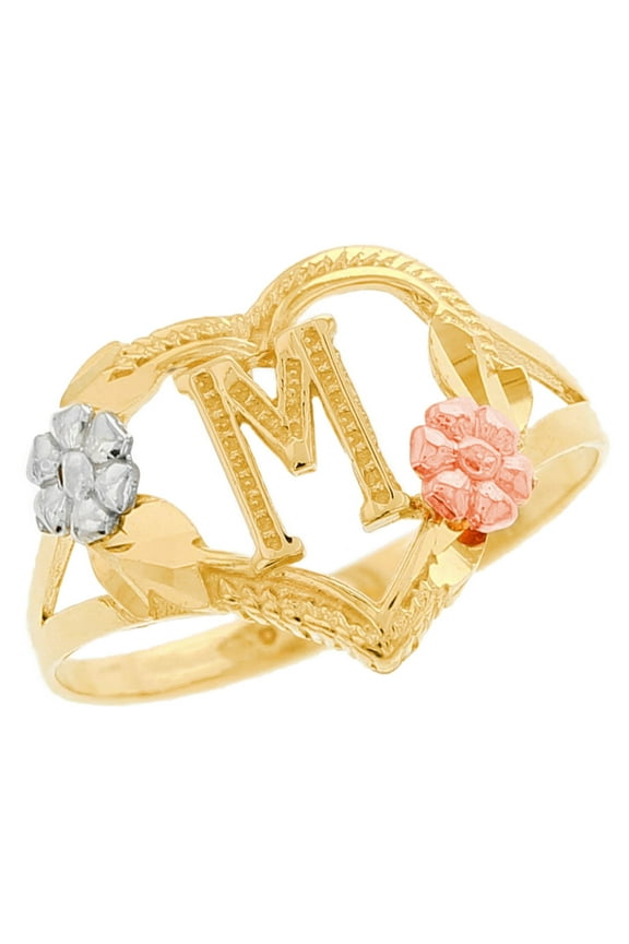 14k Multi-Tone Gold Diamond Cut Floral Letter Initial M Heart Ring