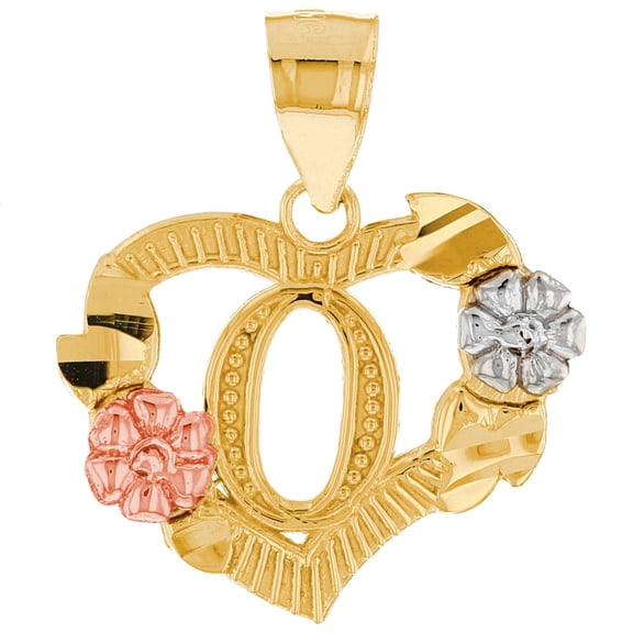 JackAni 14k Multi-Tone Gold Diamond Cut Floral Letter Initial O Heart Pendant