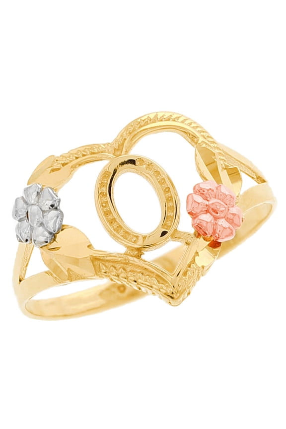 14k Multi-Tone Gold Diamond Cut Floral Letter Initial O Heart Ring - Size 10.75