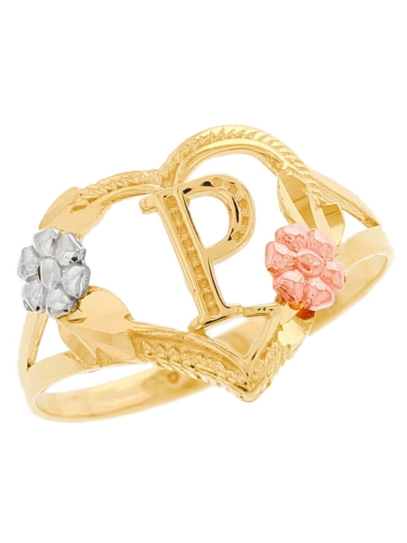 14k Multi-Tone Gold Diamond Cut Floral Letter Initial P Heart Ring
