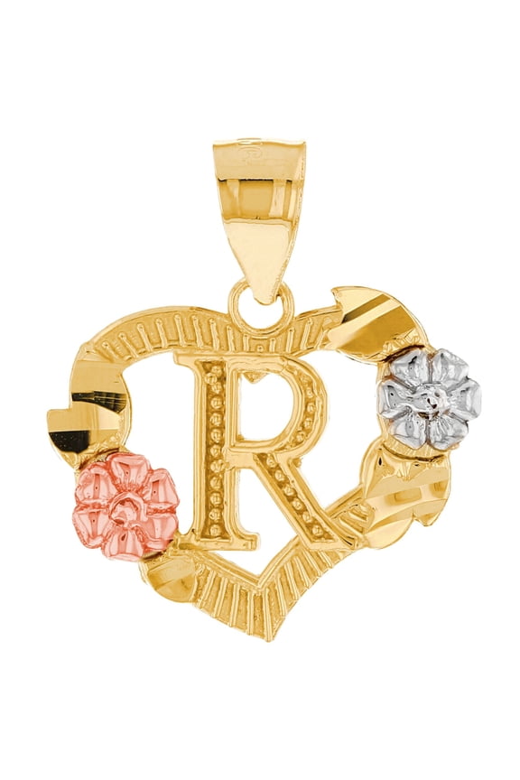 14k Multi-Tone Gold Diamond Cut Floral Letter Initial R Heart Pendant