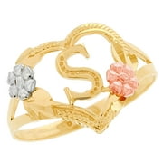 JackAni 14k Multi-Tone Gold Diamond Cut Floral Letter Initial S Heart Ring
