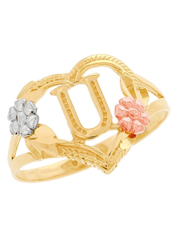 14k Multi-Tone Gold Diamond Cut Floral Letter Initial U Heart Ring