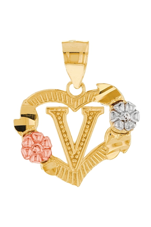 14k Multi-Tone Gold Diamond Cut Floral Letter Initial V Heart Pendant