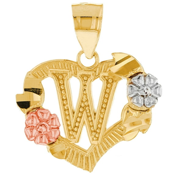 JackAni 14k Multi-Tone Gold Diamond Cut Floral Letter Initial W Heart Pendant