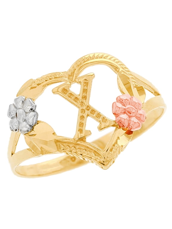 14k Multi-Tone Gold Diamond Cut Floral Letter Initial X Heart Ring