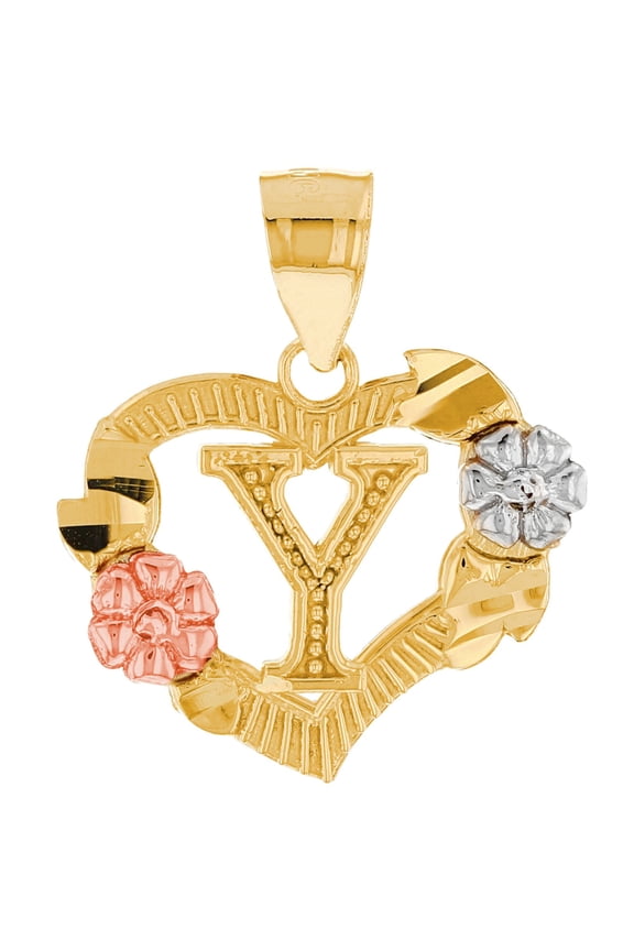 14k Multi-Tone Gold Diamond Cut Floral Letter Initial Y Heart Pendant