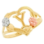 JackAni 14k Multi-Tone Gold Diamond Cut Floral Letter Initial Y Heart Ring