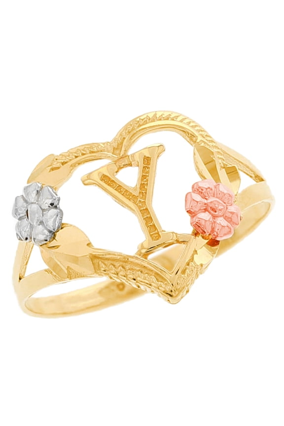 14k Multi-Tone Gold Diamond Cut Floral Letter Initial Y Heart Ring
