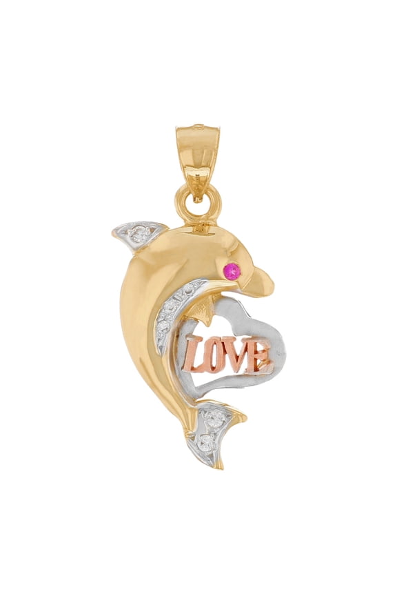 14k Multi-Tone Gold Dolphin Multiple Stone Womens Animal Heart Love Pendant