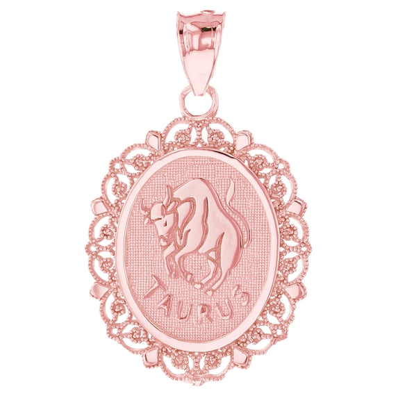 JackAni 14k Rose Gold Magnificent Filigree Frame Taurus Oval Pendant