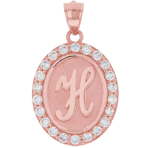 JackAni 14k Rose Gold Unisex Oval Halo White CZ Initial Letter H Pendant