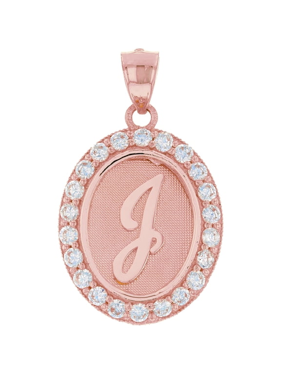14k Rose Gold Unisex Oval Halo White CZ Initial Letter J Pendant