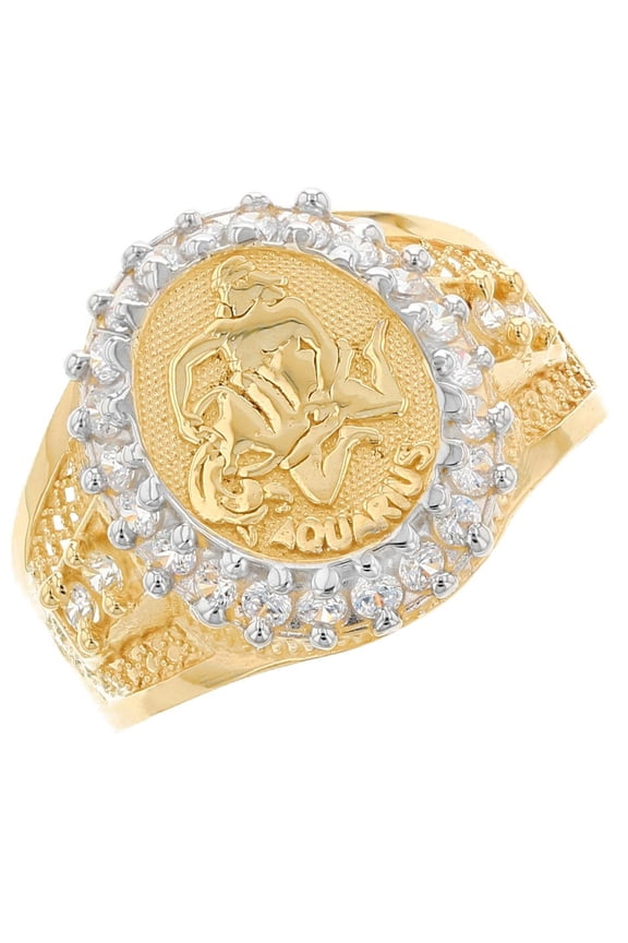 14k Solid Yellow Gold CZ Accented Men's Aquarius Zodiac Ring