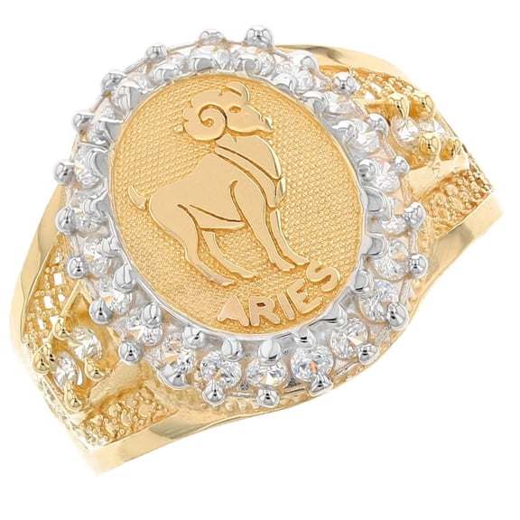JackAni 14k Solid Yellow Gold CZ Accented Men's Aries Zodiac Ring