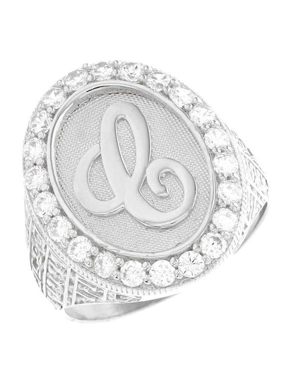 14k White Gold Mens Oval Halo White CZ Initial Letter C Ring
