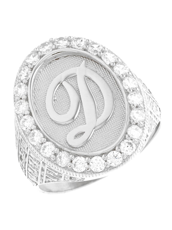 14k White Gold Mens Oval Halo White CZ Initial Letter D Ring