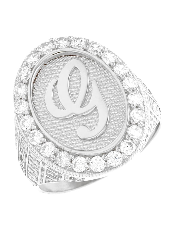 14k White Gold Mens Oval Halo White CZ Initial Letter G Ring