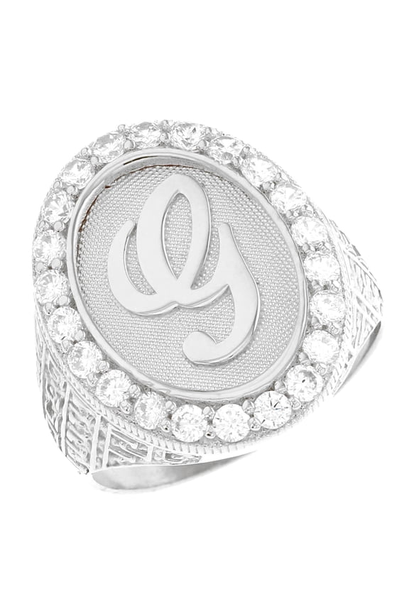 14k White Gold Mens Oval Halo White CZ Initial Letter G Ring