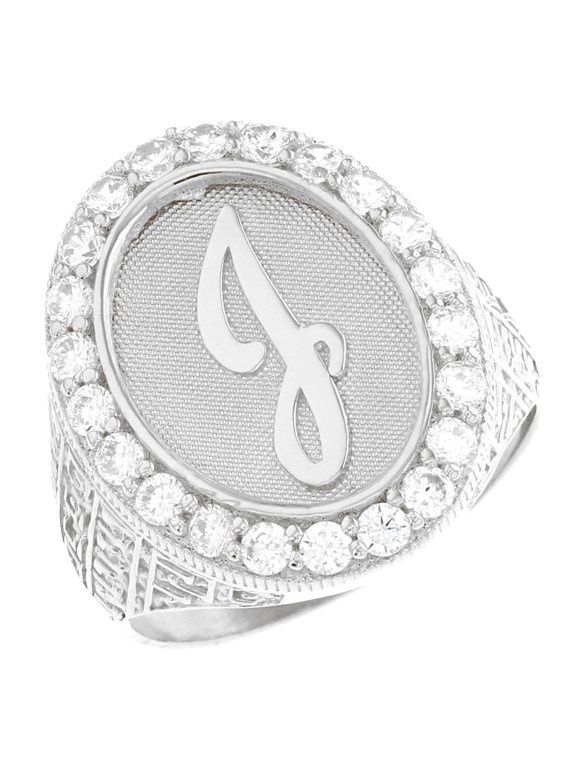 14k White Gold Mens Oval Halo White CZ Initial Letter J Ring