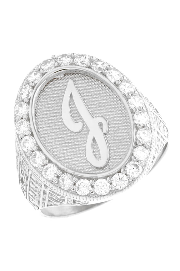 14k White Gold Mens Oval Halo White CZ Initial Letter J Ring