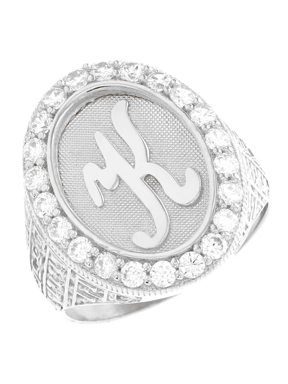 14k White Gold Mens Oval Halo White CZ Initial Letter K Ring