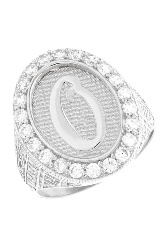 14k White Gold Mens Oval Halo White CZ Initial Letter O Ring