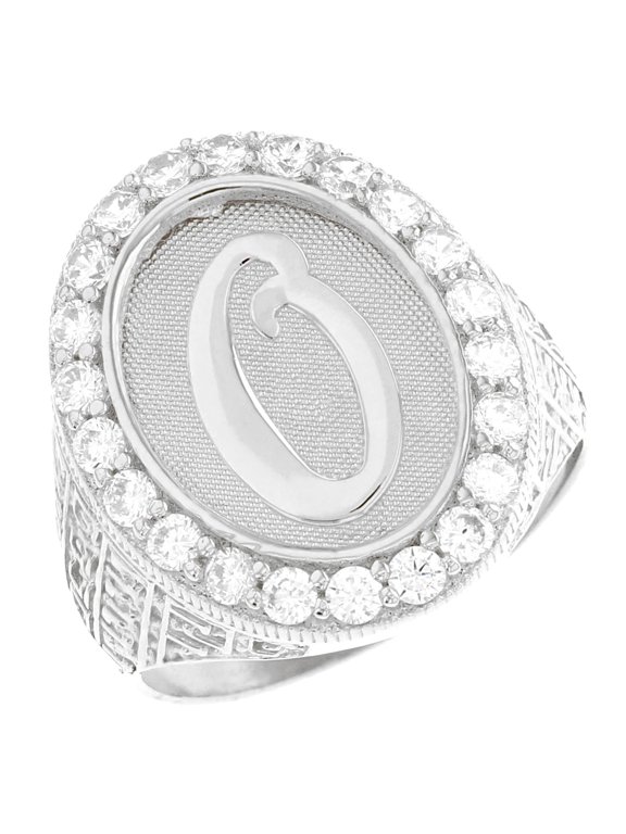 14k White Gold Mens Oval Halo White CZ Initial Letter O Ring