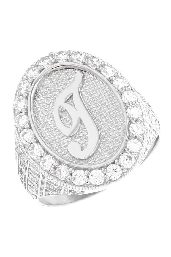 14k White Gold Mens Oval Halo White CZ Initial Letter T Ring