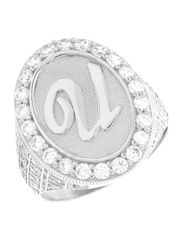 14k White Gold Mens Oval Halo White CZ Initial Letter U Ring